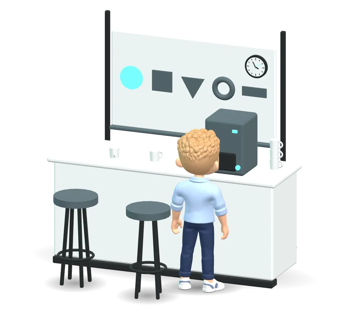 3D avatar of Lars in the office pantry, making a coffee