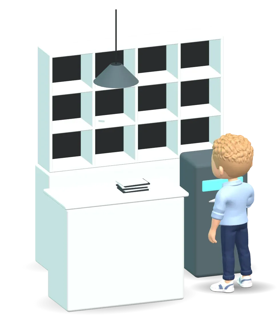 3D avatar of Lars in the mail room, posting a letter