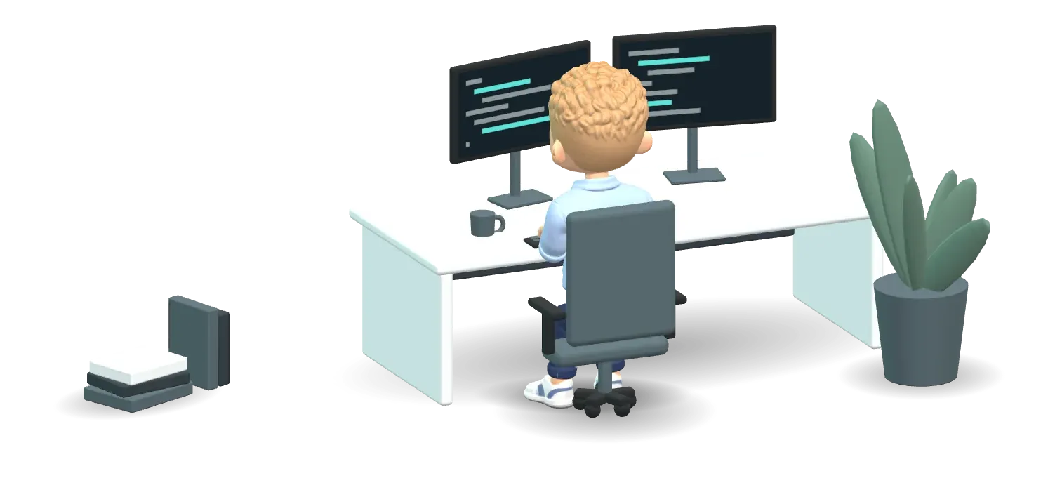 3D avatar of Lars at his desk at home, typing